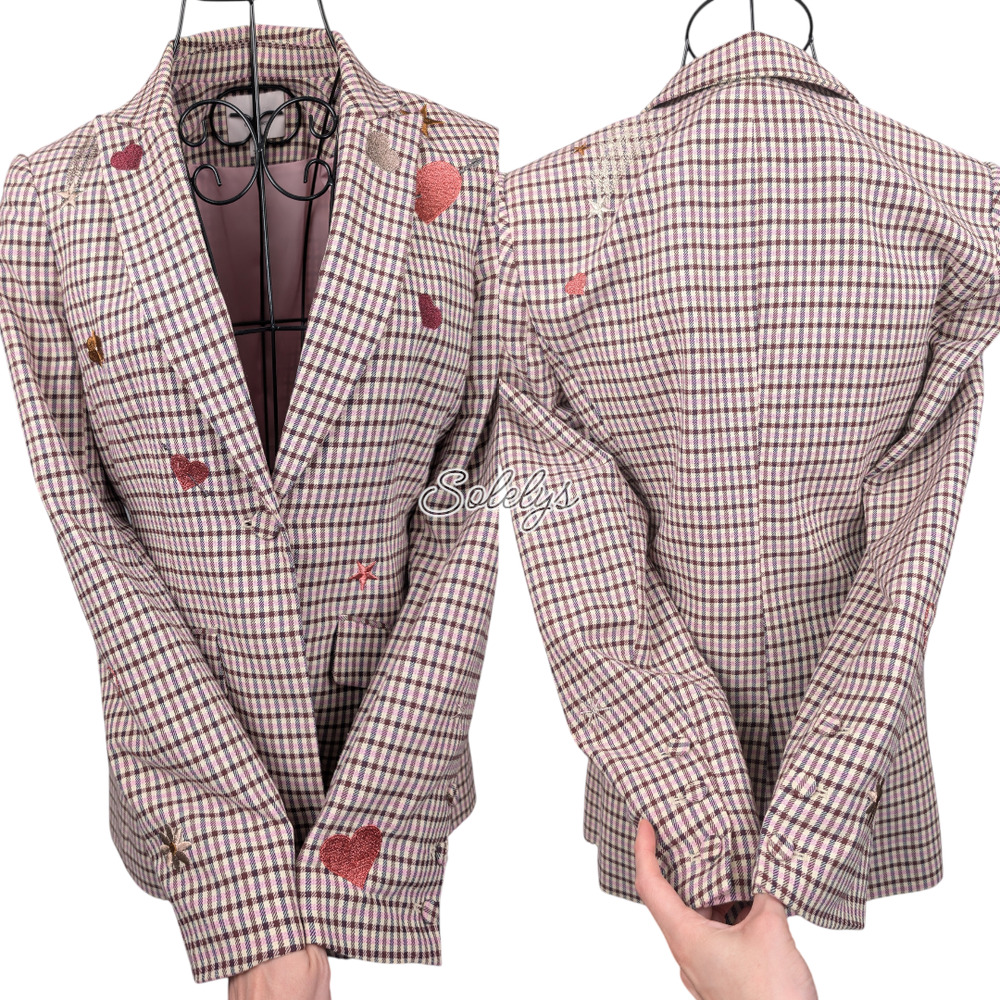 Cinq à Sept Estelle Check Plaid Pink Embroidered Metallic Single Button Blazer 0 - Picture 11 of 13